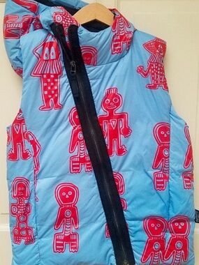 nununu Blue and Red Puffer Vest with Playful Character Print